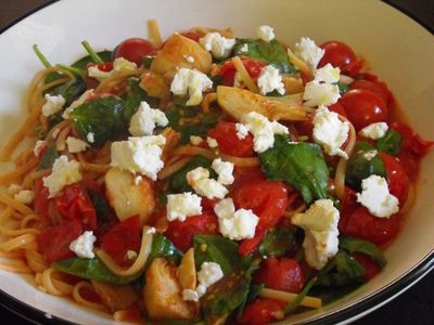 Spicy Linguine with Local Cherry Tomatoes, Spinach & Goat Cheese
