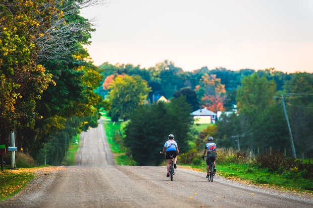 couple enjoys a gravel road ride past cows in the field