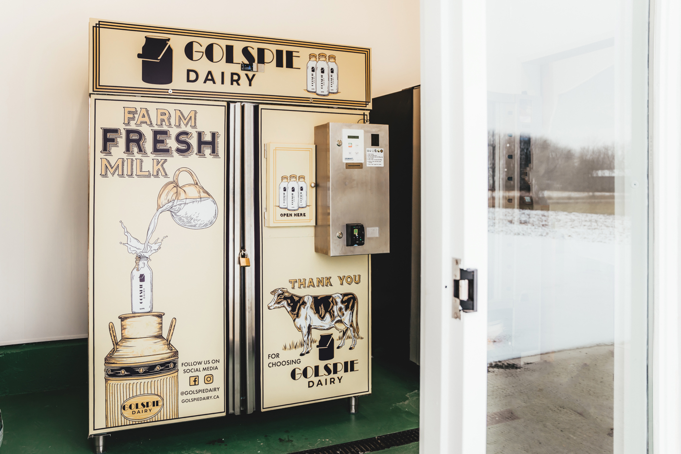 milk vending machine at the Golspie Dairy storefront