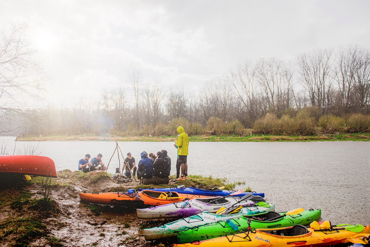 canoe and kayaks lined up on the shore