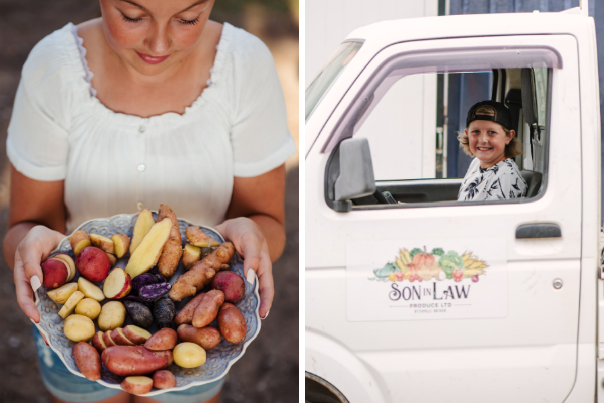 audrey with potatoes and ash in son-in-law produce truck