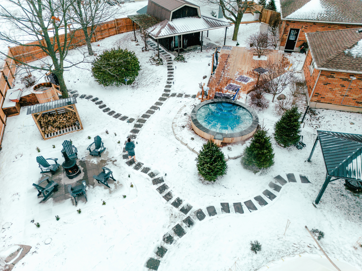 Drone shot of a nordic spa in winter